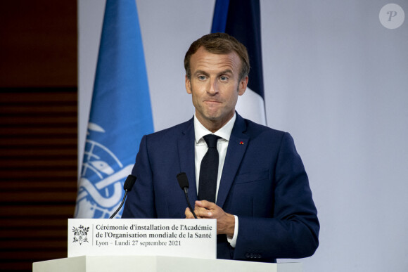 Le président Emmanuel Macron - Cérémonie d'installation de l'académie de l'Organisation mondiale de la santé à Lyon le 27 septembre 2021. © Bony / Pool / Bestimage 