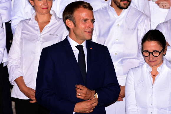 Le président Emmanuel Macron au Cocktail du dîner des grands chefs à la préfecture du Rhône à Lyon en marge du concours Bocuse d'Or et du salon Sirha 2021 le 26 septembre 2021. © Romain Doucelin / Bestimage 