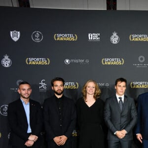 Steven da Costa, Louis Ducruet, le prince Albert II de Monaco, Alison Pineau, Matthieu Androdias, Hugo Boucheron et Charlotte Lembach durant la soirée de la 32ème édition des Sportel Awards au Grimaldi Forum à Monaco, le 5 octobre 2021. © Bruno Bebert/Bestimage