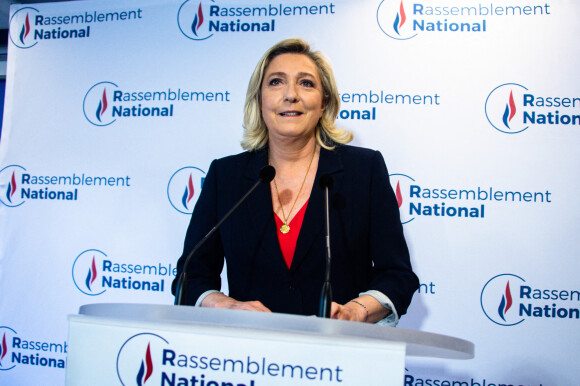 Déclaration de Marine Le Pen, présidente du Rassemblement National, le soir des résultats du deuxième tour des élections régionales à Paris le 27 juin 2021. © Federico Pestellini / Panoramic / Bestimage