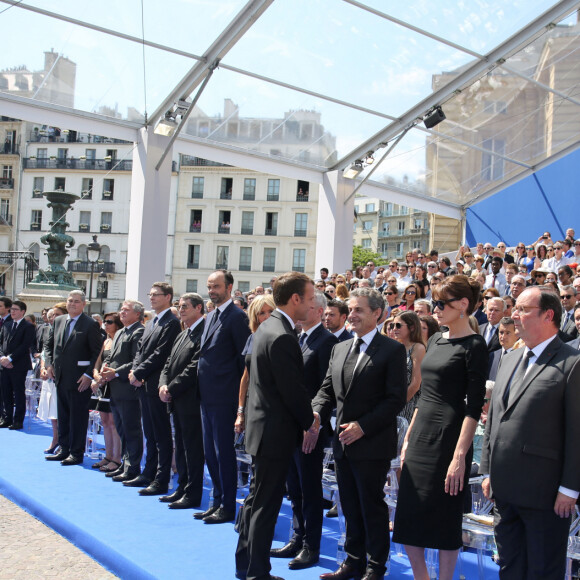 Emmanuel Macron, president de la République, Edouard Philippe, premier ministre , Brigitte Macron, François de Rugy , Nicolas Sarkozy et sa femme Carla Bruni Sarkozy, François Hollande et sa compagne Julie Gayet - Cérémonie d'entrée de Simone Veil et de son époux Antoine Veil au Pantheon à Paris le 1er juillet 2018