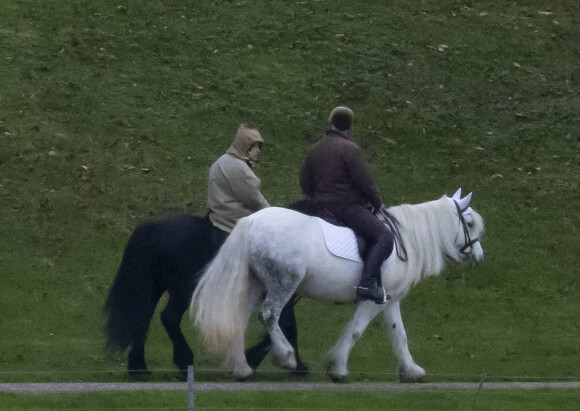 La reine Elizabeth II d'Angleterre et son majordome Terry Pendry font une promenade à cheval dans le parc du château de Windsor le 19 novembre 2020. T