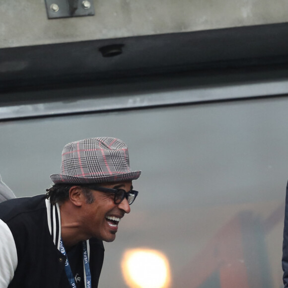 Yannick Noah avec Amélie Mauresmo et son fils Aaron Mauresmo lors du match du quart de finale de l'UEFA Euro 2016 France-Islande au Stade de France à Saint-Denis, France le 3 juillet 2016. © Cyril Moreau/Bestimage