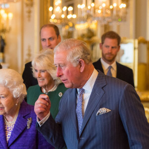 Le prince William, duc de Cambridge, Kate Catherine Middleton, duchesse de Cambridge, Camilla Parker Bowles, duchesse de Cornouailles, la reine Elisabeth II et le prince Charles - La famille royale d'Angleterre lors de la réception pour les 50 ans de l'investiture du prince de Galles au palais Buckingham à Londres. Le 5 mars 2019