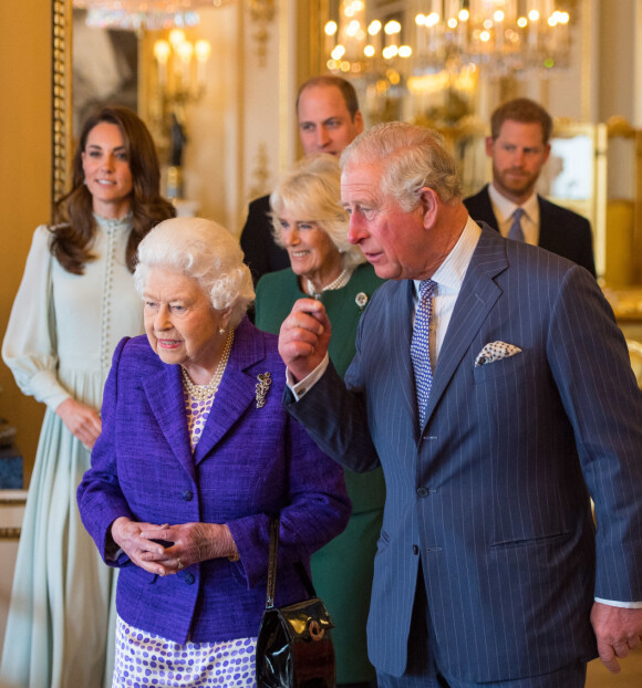Le prince William, duc de Cambridge, Kate Catherine Middleton, duchesse de Cambridge, Camilla Parker Bowles, duchesse de Cornouailles, la reine Elisabeth II et le prince Charles - La famille royale d'Angleterre lors de la réception pour les 50 ans de l'investiture du prince de Galles au palais Buckingham à Londres. Le 5 mars 2019