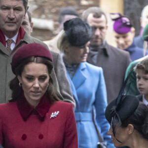 Le prince William, duc de Cambridge, Catherine Kate Middleton, la duchesse de Cambridge, Meghan Markle, duchesse de Sussex (enceinte de son fils Archie), le prince Harry La famille royale britannique se rend à la messe de Noël à l'église Sainte-Marie-Madeleine à Sandringham, le 25 décembre 2018.