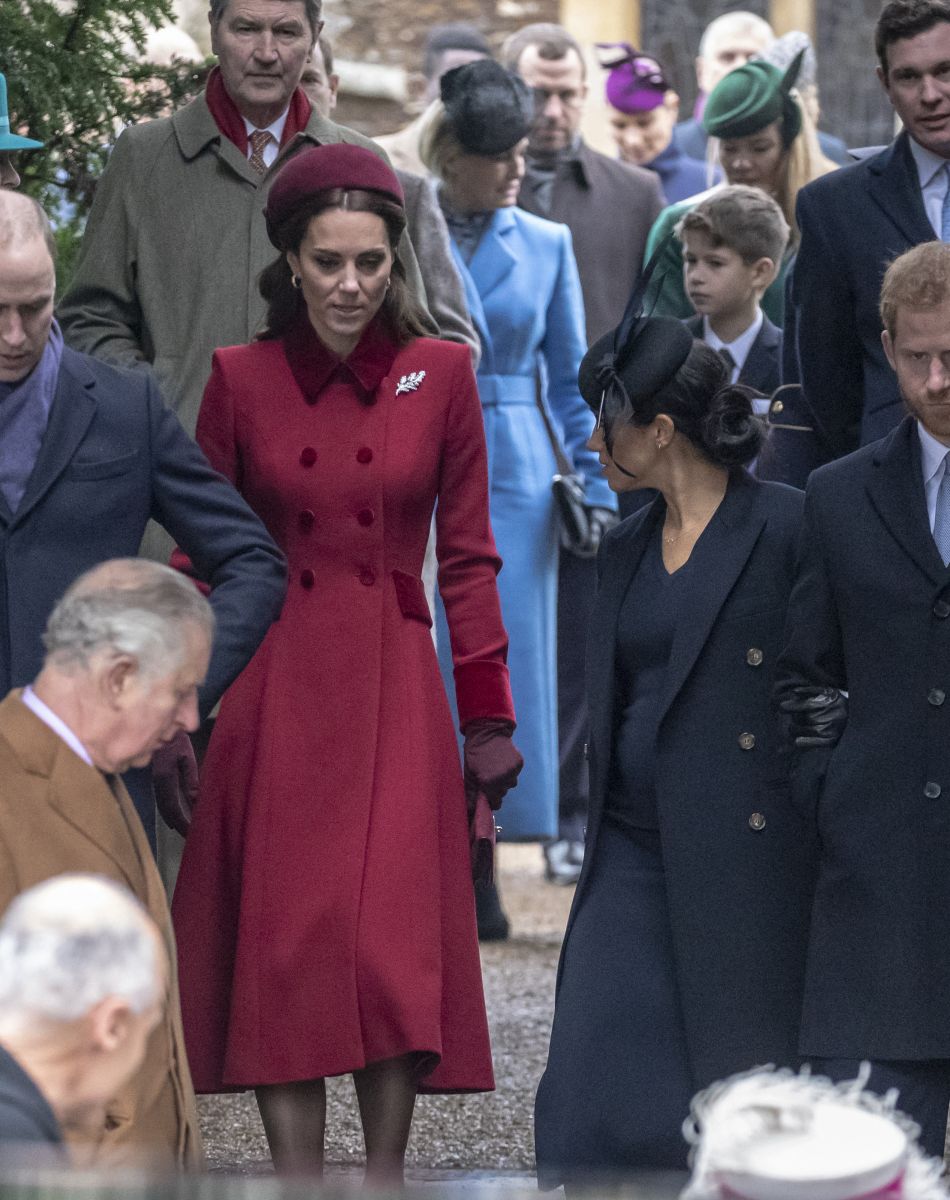 Le prince William, duc de Cambridge, Catherine Kate Middleton, la duchesse de Cambridge, Meghan Markle, duchesse de Sussex (enceinte de son fils Archie), le prince Harry La famille royale britannique se rend à la messe de Noël à l'église Sainte-Marie-Madeleine à Sandringham, le 25 décembre 2018.