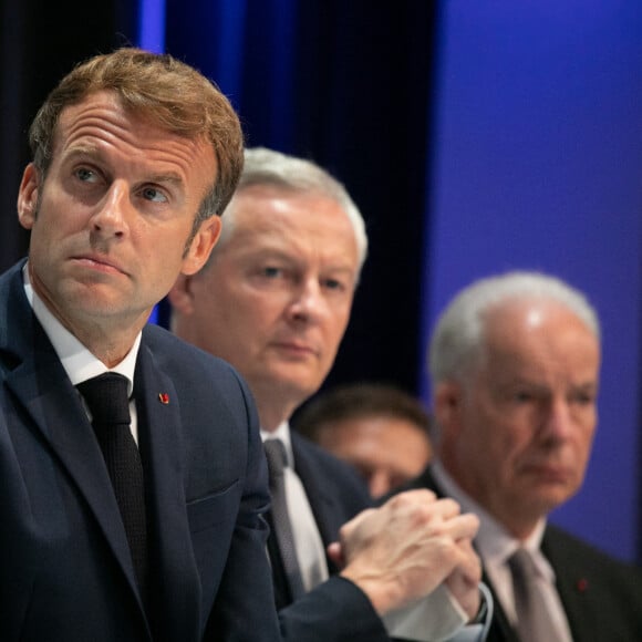 Le président de la République française, Emmanuel Macron, Bruno Le Maire, ministre de l'Economie et Alain Griset, ministre chargé des PME aux Rencontres de l'Union des Entreprises de proximité (U2P) à la Maison de la Mutualité à Paris