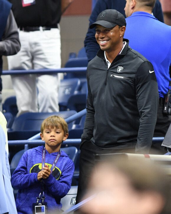 Tiger Woods et ses enfants Charlie et Sam dans les tribunes de l'US Open 2017 à New York, le 8 septembre 2017.