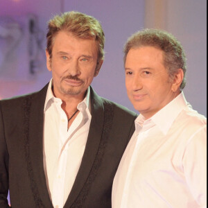 Michel Drucker et Johnny Hallyday lors de l'enregistrement de l'émission "Vivement Dimanche".