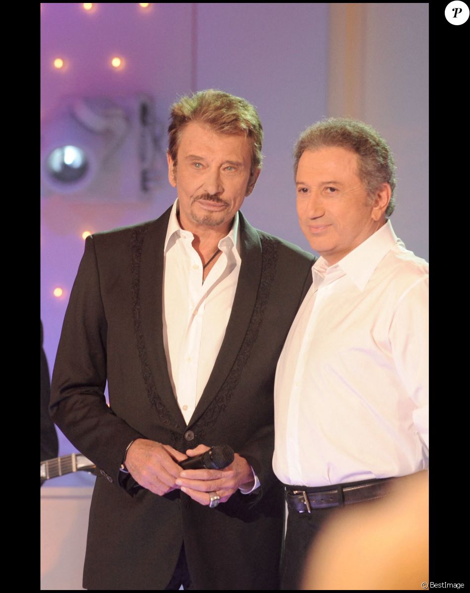 Michel Drucker et Johnny Hallyday lors de l'enregistrement de l'émission "Vivement Dimanche".