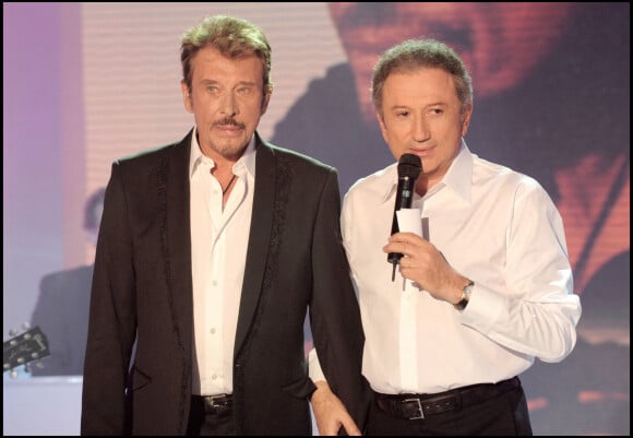 Michel Drucker et Johnny Hallyday lors de l'enregistrement de l'émission "Vivement Dimanche".