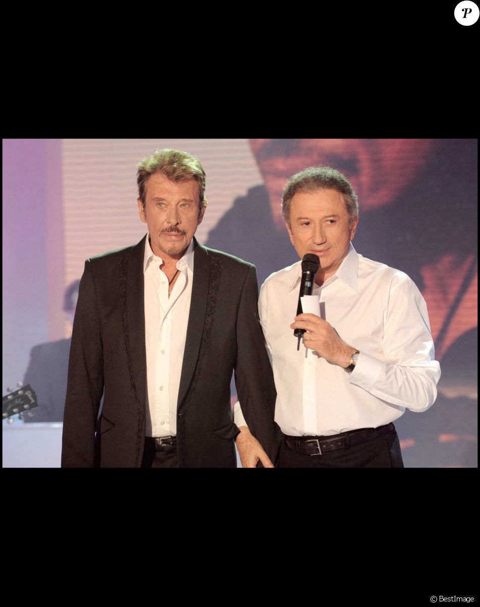 Michel Drucker et Johnny Hallyday lors de l'enregistrement de l'émission "Vivement Dimanche".