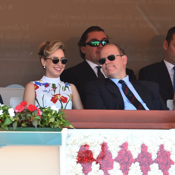 Jazmin Grace Grimaldi (la fille du prince Albert II de Monaco), son compagnon Ian Mellencamp, le prince Albert II de Monaco en tribune lors du Rolex Monte-Carlo Masters 2018 à Roquebrune Cap Martin le 19 avril 2018. © Bruno Bebert / Bestimage