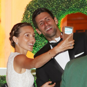 Novak Djokovic et sa femme Jelena Djokovic lors du dîner des champions de Wimbledon à Guildhall à Londres, le 15 juillet 2018.