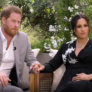 Le prince Harry et Meghan Markle (enceinte de sa fille Lilibet) lors de leur interview vérité avec Oprah Winfrey, mars 2021 © Capture TV CBS via Bestimage