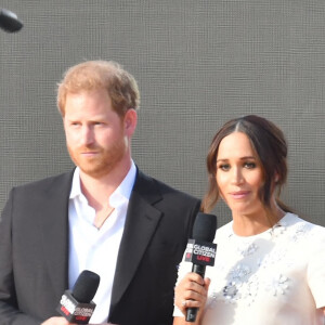 Le prince Harry, duc de Sussex et Meghan Markle sur la scène du "Global Citizen Live Festival" à Central Park à New York, le 25 septembre 2021. 