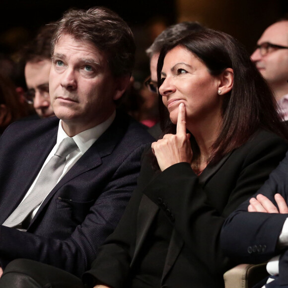 Vincent Peillon, Arnaud Montebourg, Anne Hidalgo lors du discours d'investiture de Benoît Hamon, après sa victoire à la primaire de la gauche à la Mutualité, à Paris, France, le 5 février 2017.