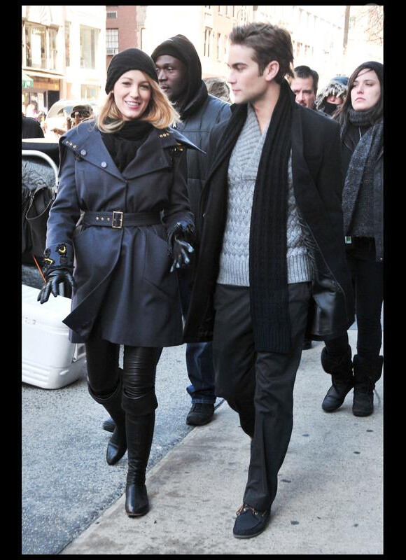 Blake Lively et Chace Crawford sur le tournage de Gossip Girl, le 7 janvier 2009 à New York