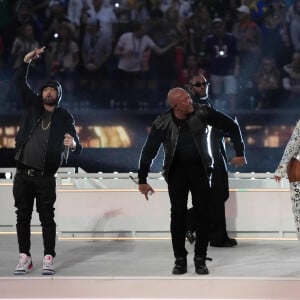 Eminem, Dr. Dre, Mary J. Blige et Snoop Dogg pendant la mi-temps du Super Bowl LVI à Los Angeles, le 13 février 2022. Photo by USA Today Sports/SPUS/ABACAPRESS.COM