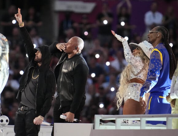 Eminem, Dr. Dre, Mary J. Blige et Snoop Dogg pendant la mi-temps du Super Bowl LVI à Los Angeles. Photo by USA Today Sports/SPUS/ABACAPRESS.COM