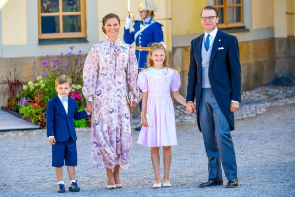 La princesse Victoria de Suède, le prince Daniel, la princesse Estelle, le prince Oscar - La famille royale suédoise au baptême du prince Julian, duc de Halland au château de Drottningholm sur l'île de Lovön à Ekero en Suède le 14 août 2021