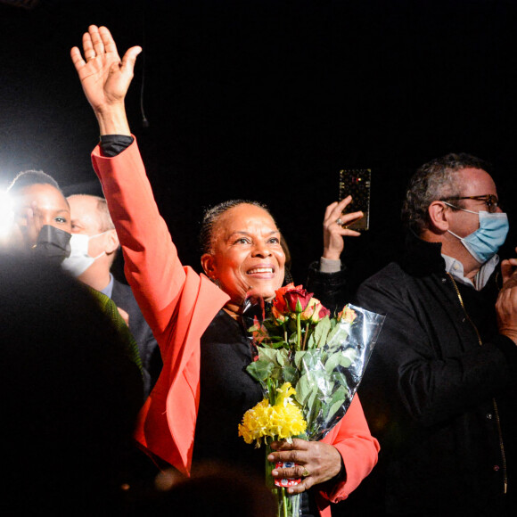 Christiane Taubira, gagnante de la primaire populaire et candidate à l'élection présidentielle 2022, est en meeting à Créteil le 12 février 2022