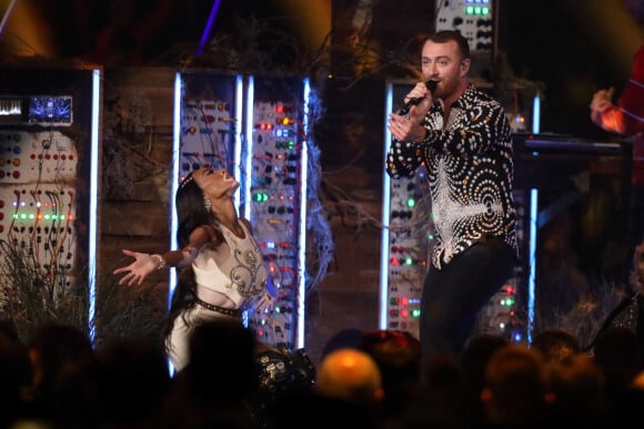 Sam Smith, Winnie Harlow, Calvin Harris lors de la cérémonie des "Brit Awards 2019" à l'O2 Arena à Londres, le 20 février 2019. 