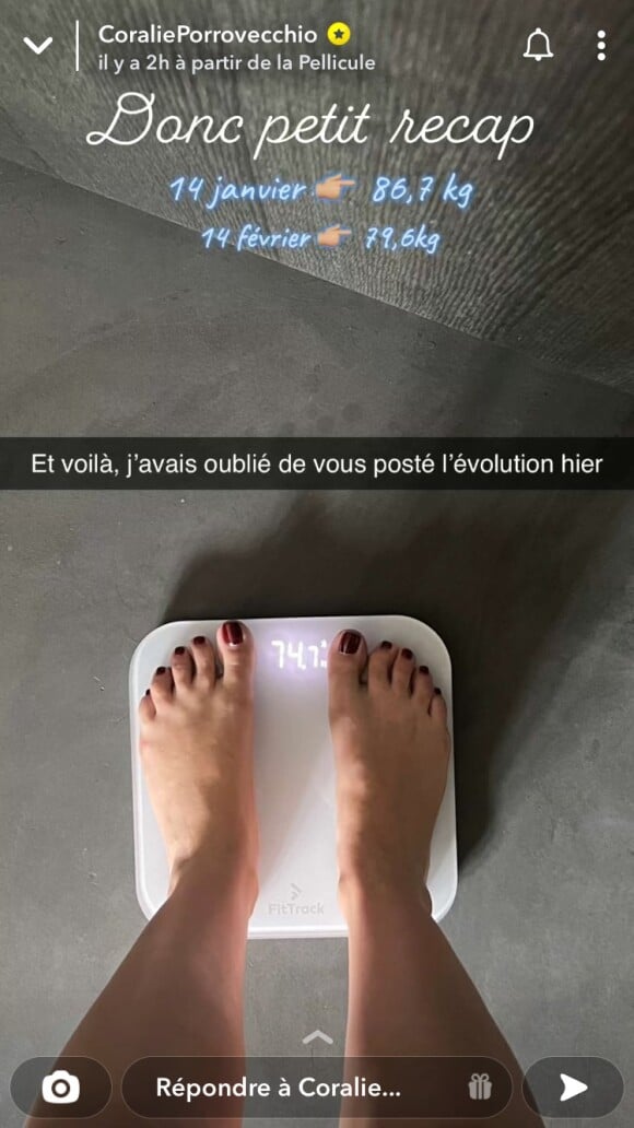 Coralie Porrovecchio dévoile sa perte de poids depuis son accouchement au mois de janvier 2022 - Snapchat
