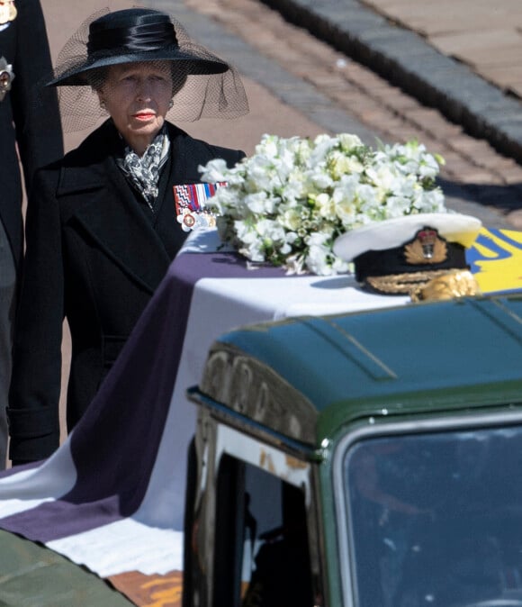 La princesse Anne - Arrivées aux funérailles du prince Philip, duc d'Edimbourg à la chapelle Saint-Georges du château de Windsor, le 17 avril 2021. 