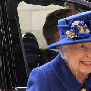 La reine Elisabeth II d'Angleterre arrive à un service d'action de grâce à l'abbaye de Westminster pour marquer le centenaire de la Royal British Legion, à Londres, Royaume Uni, le 12 octobre 2021.