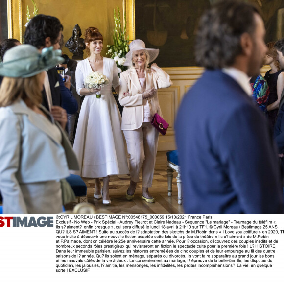 Exclusif - Audrey Fleurot et Claire Nadeau - Séquence "Le mariage" - Tournage du téléfilm " Ils s'aiment... enfin presque ", qui sera diffusé le lundi 18 avril à 21h10 sur TF1. © Cyril Moreau / Bestimage 