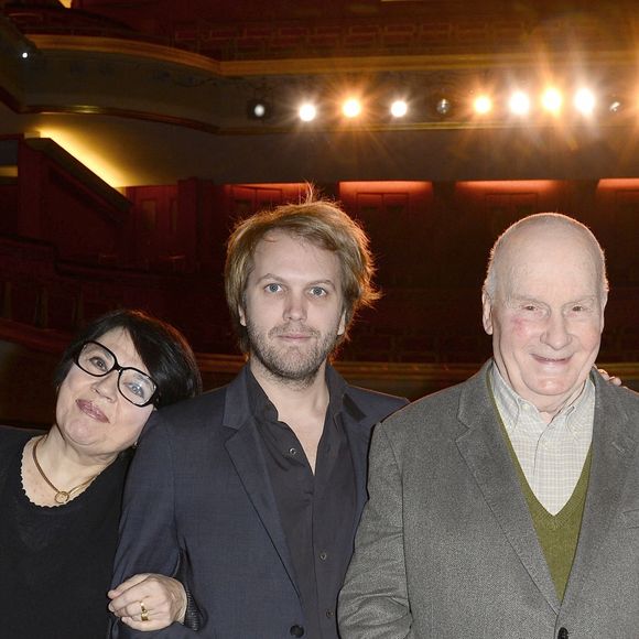 Bruno Julliard, Danielle Mathieu-Bouillon, Florian Zeller, Michel Bouquet et Marie-France Mignal - Cérémonie du Prix du Brigadier 2014 au Théâtre de la Comédie des Champs-Elysées à Paris le 6 février 2015.
