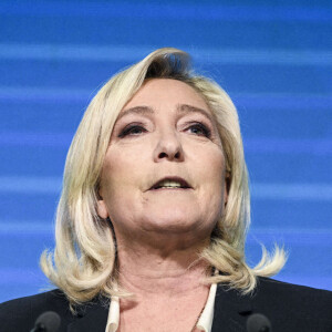 Marine Le Pen, Rassemblement National (RN) (23,6% et qualifiée pour le second tour) à son QG lors du premier tour des élections présidentielles, à Paris le 10 avril 2022. © JB Autissier / Panoramic / Bestimage 