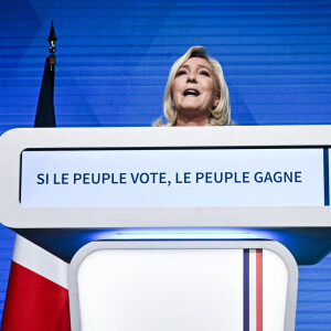 Marine Le Pen , Rassemblement National (RN) (23,6% et qualifiée pour le second tour) à son QG lors du premier tour des élections présidentielles, à Paris le 10 avril 2022. © JB Autissier / Panoramic / Bestimage 