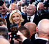 Marine Le Pen, candidate RN (Rassemblement National) qualifiée pour le second tour de l'élection présidentielle, est en meeting à Arras le 21 avril 2022