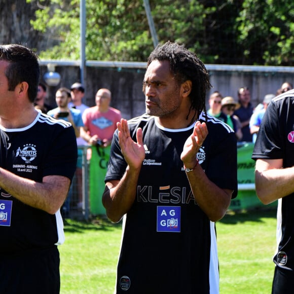 Exclusif - Christian Karembeu et Mathieu Bodmer - Match de football caritatif du Variétés Club de France contre l'union départementale des pompiers de l'Ardèche au profit des pilotes de canadairs décédés en mission au Stade Georges Marquand à Aubenas en Ardèche le 18 avril 2022. Les deux équipes se sont quittées sur le score de 2 buts partout devant un public conquis et nombreux, environ 2500 spectateurs ont assisté à cette belle fête du football. 15.000 euros ont été récoltés. © Romain Doucelin/Bestimage