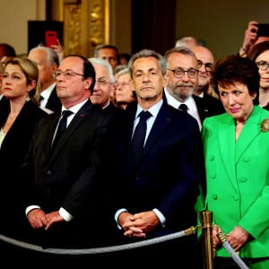 Jean-Yves Le Drian, Barbara Pompili, François Hollande, Nicolas Sarkozy, Roselyne Bachelot-Narquin - Cérémonie d'investiture du président de la République, Emmanuel Macron au Palais de l'Elysée à Paris le 7 ami 2022, suite à sa réélection le 24 avril dernier. © Dominique Jacovides/Bestimage