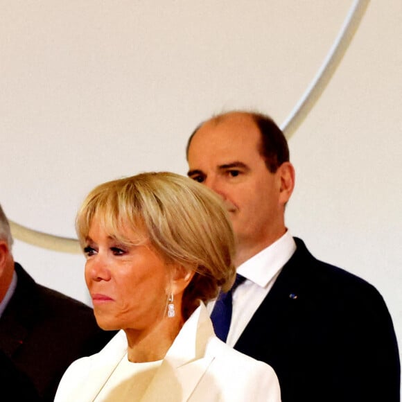 Emmanuel Macron et la première dame Brigitte Macron, Jean Castex - Cérémonie d'investiture du président de la République, Emmanuel Macron au Palais de l'Elysée à Paris le 7 ami 2022, suite à sa réélection le 24 avril dernier. © Dominique Jacovides/Bestimage