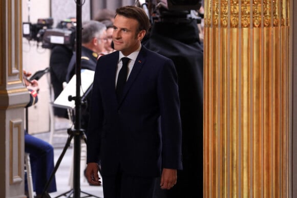 Le président français Emmanuel Macron durant l'investiture pour un second mandat présidentiel après sa réélection, lors d'une cérémonie au palais de l'Élysée à Paris, France, le 7 mai 2022.© Stéphane Lemouton/Bestimage