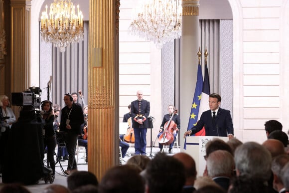 Le président français Emmanuel Macron durant l'investiture pour un second mandat présidentiel après sa réélection, lors d'une cérémonie au palais de l'Élysée à Paris, France, le 7 mai 2022.© Stéphane Lemouton/Bestimage