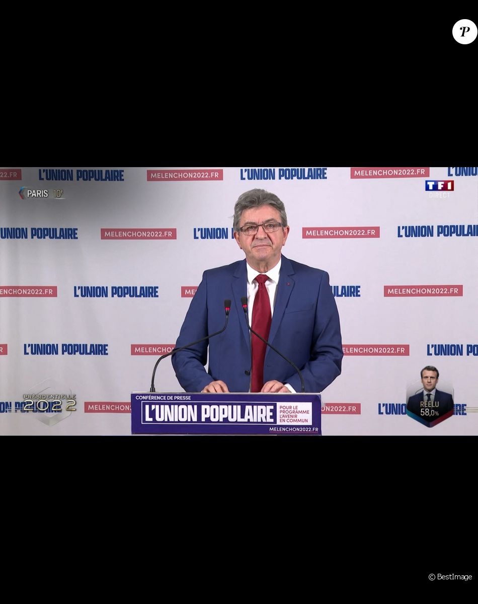 Captures d'écran - Jean-Luc Mélenchon - Soirée électorale du 2e tour de l'élection présidentielle 2022 en France, le 24 avril 2022. Les premières estimations donnent le président sortant élu avec 58,5% des voix face à Marine Le Pen à 41,5. © Christophe Clovis / Bestimage Screenshots - Emmanuel Macron, the incumbent president is re-elected - Election night of the 2nd round of the 2022 presidential election in France, 24 April 2022. The first estimates give the incumbent president elected with 58.5% of the vote against Marine Le Pen at 41.5.