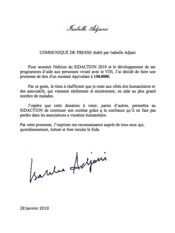 Le communiqué de presse d'Isabelle Adjani qui explique sa promesse de dons pour la Sidaction