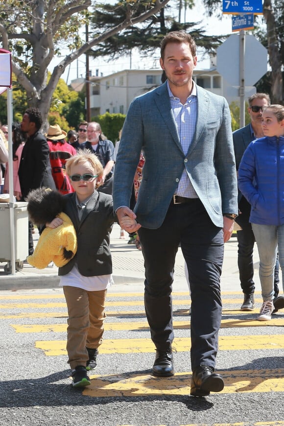 Chris Pratt s'est rendu avec sa fiancée Katherine Schwarzenegger et son fils Jack Pratt à l'église à l'occasion de la messe Pascale à Santa Monica, le 21 avril 2019.