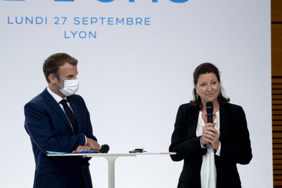 Le président Emmanuel Macron, Agnès Buzyn - Cérémonie d'installation de l'académie de l'Organisation mondiale de la santé à Lyon le 27 septembre 2021. © Bony / Pool / Bestimage 