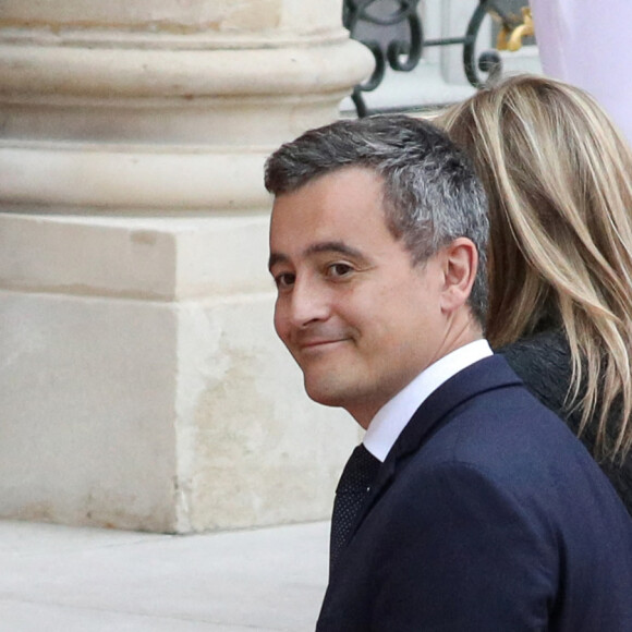 Le ministre de l'Intérieur, Gérald Darmanin et son épouse Rose-Marie Devillers arrivent pour un dîner d'Etat avec le président français Emmanuel Macron et son homologue italien, Sergio Mattarella, au palais de l'Elysée, Paris, le 5 juillet 2021