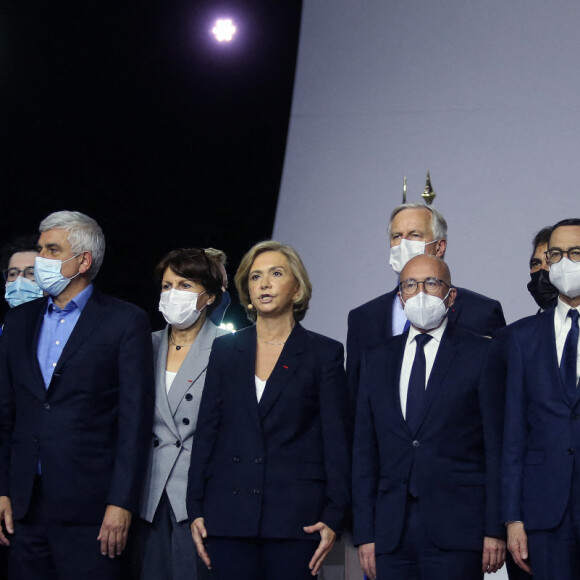 Xavier Bertrand, Michel Barnier, Eric Ciotti, Christian Jacob, Rachida Dati, François Baroin - Meeting de Valérie Pécresse, candidate LR à l'élection présidentielle 2022, au Zenith de Paris le 13 février 2022.