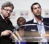 Jean-Luc Mélenchon, Danièle Obono et François Ruffin lors du point presse du groupe France Insoumise à l'assemblée nationale à Paris le 27 juin 2017