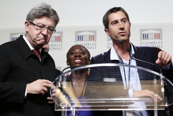 Jean-Luc Mélenchon, Danièle Obono et François Ruffin lors du point presse du groupe France Insoumise à l'assemblée nationale à Paris le 27 juin 2017