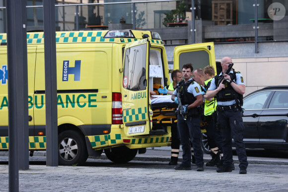 Des personnes blessées par une fusillade le 3 juillet 2022 dans le centre commercial Fields à Copenhague (Danemark), faisant fuir la centaine de personnes qui étaient sur place.